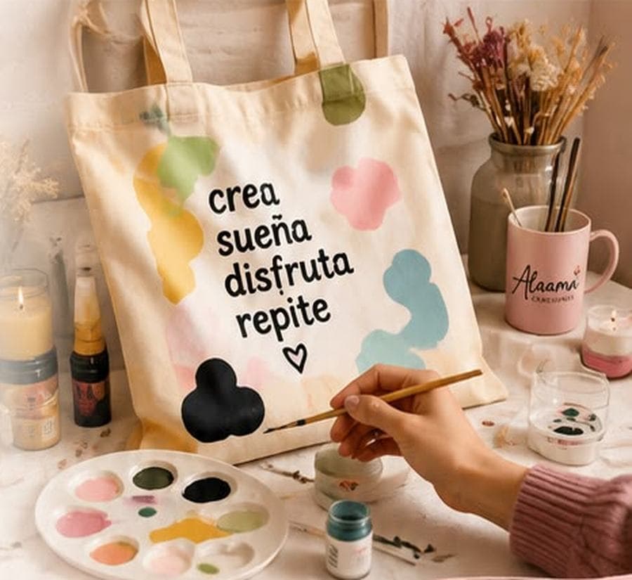 Manos pintando una tote bag con el lema crea, sueña, disfruta, repite